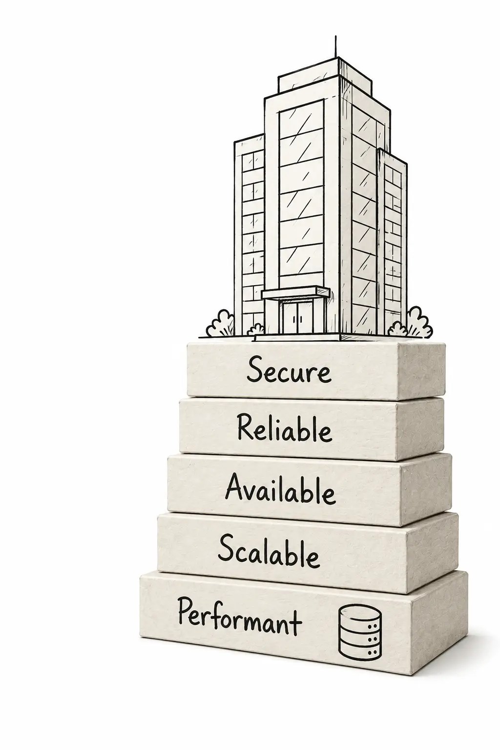 Database solutions foundation blocks labeled performant, scalable, available, reliable, secure