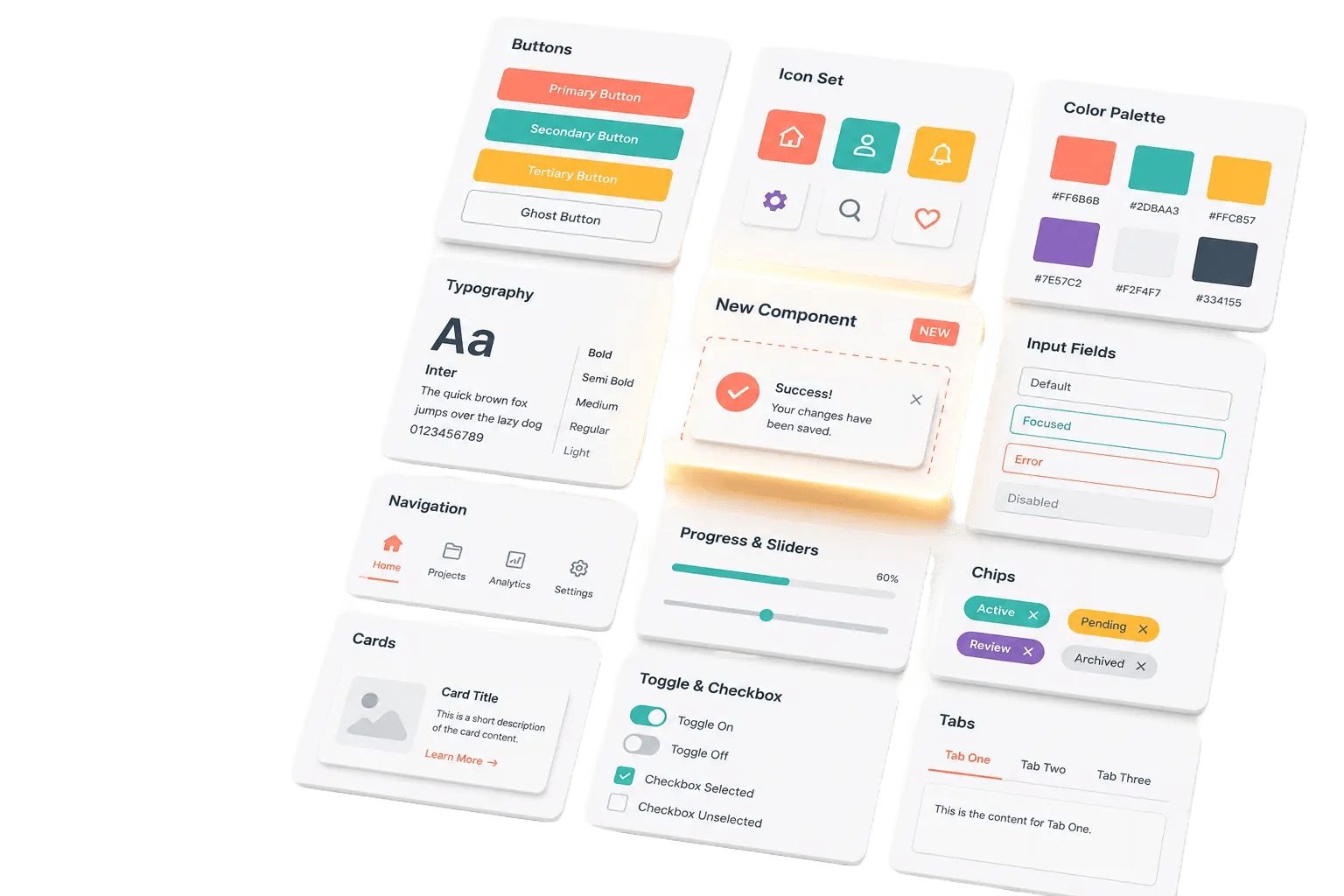 Design solutions UI component library showing buttons, typography, color palette, and icons