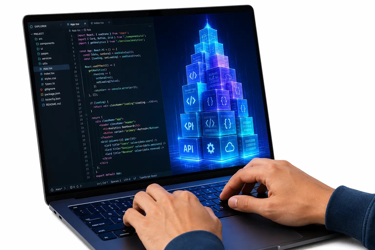 Software development solutions showing code editor and 3D API architecture blocks on laptop
