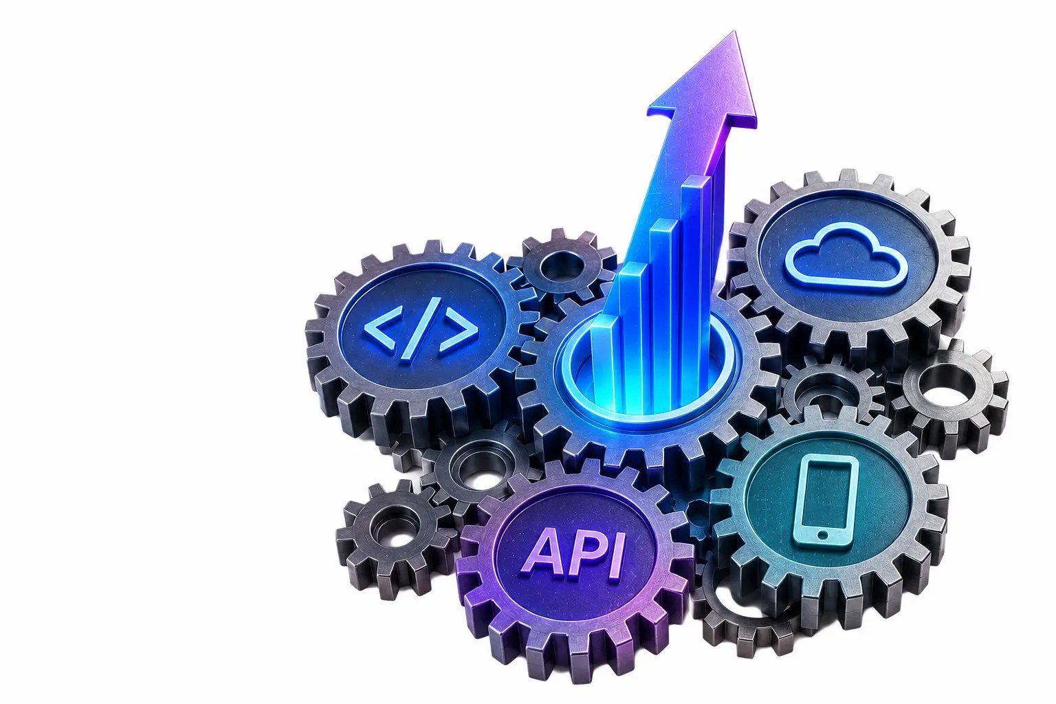 Software development solutions gears representing code, API, cloud, and mobile growth