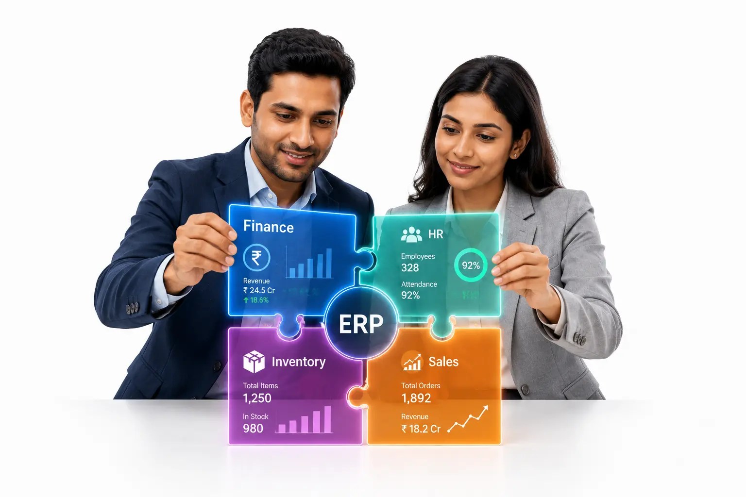 ERP solutions puzzle panels connecting finance, HR, inventory, and sales modules