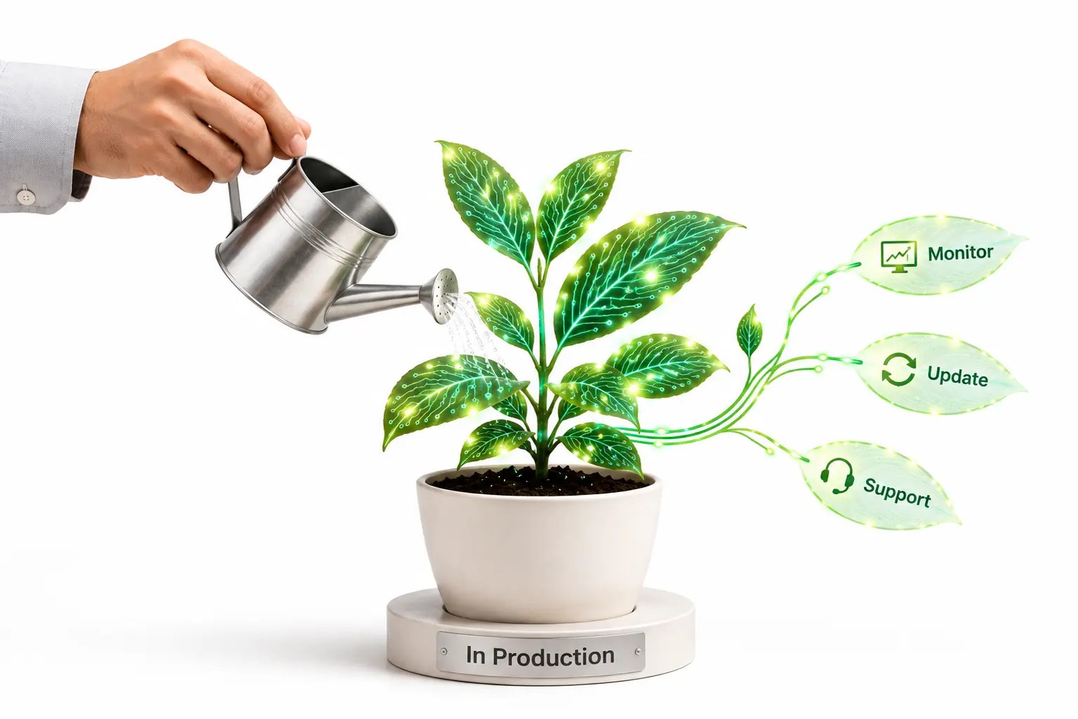 Maintenance and support services watering digital plant labeled monitor, update, support in production