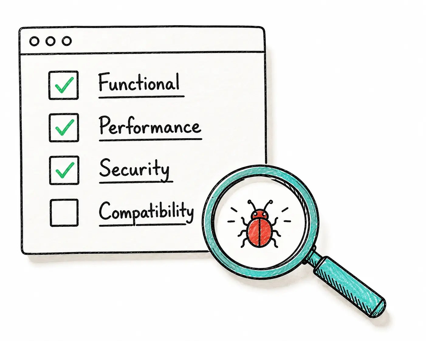 Quality and testing services checklist showing functional, performance, security tests and bug found in compatibility