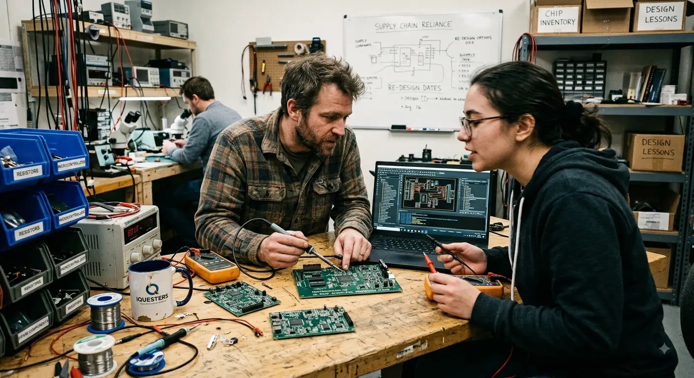 Split image showing an engineering team reviewing a circuit schematic and a procurement team reviewing a supplier spreadsheet, representing the disconnect during the 2021 chip shortage — iQuester