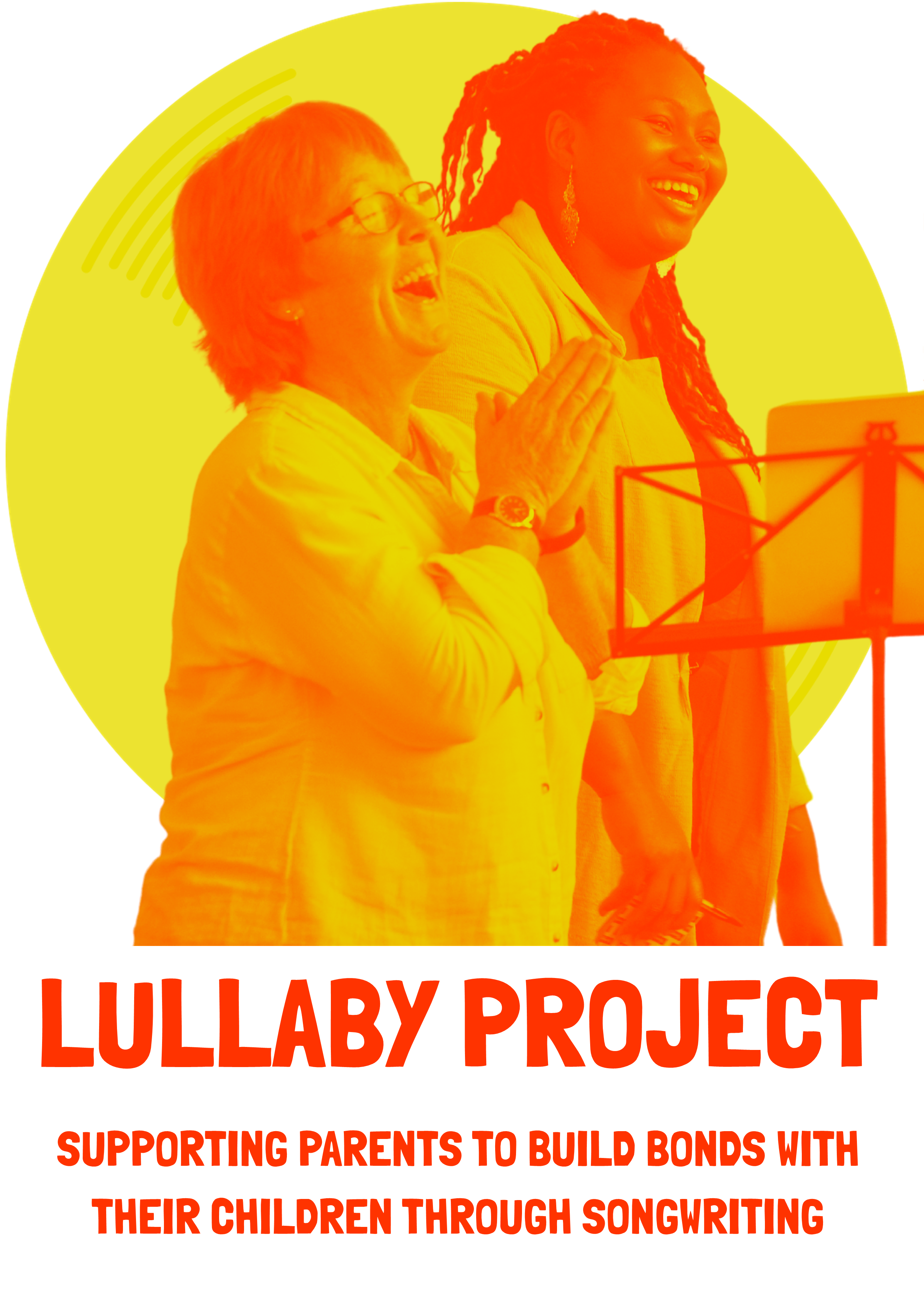 A image of two people laughing in front of sheet music, plus the text: 'Lullaby Project - supporting parents to build bonds with their children through songwriting'