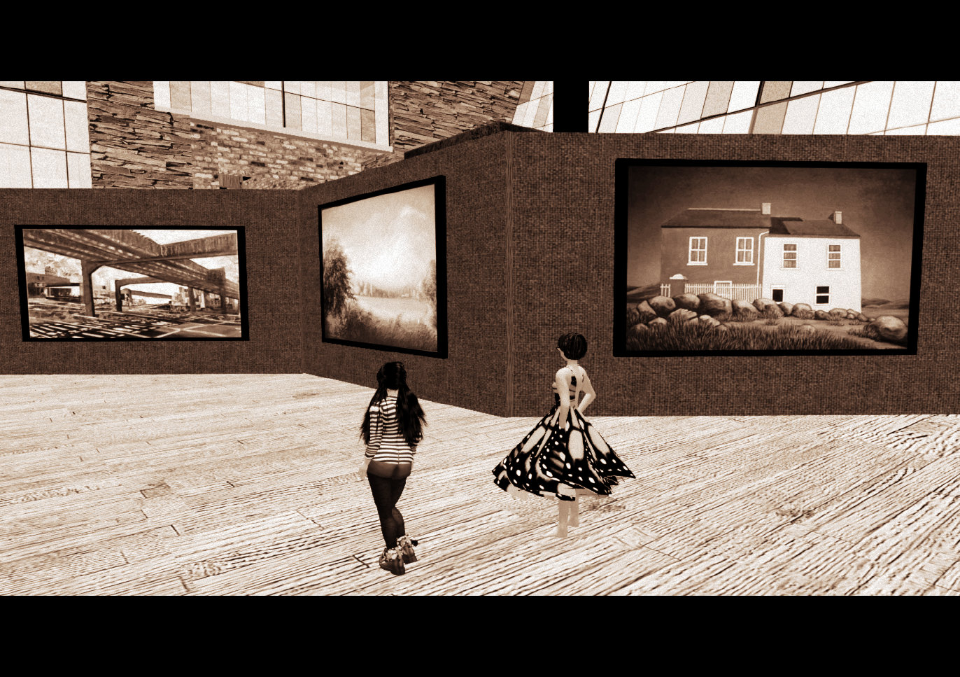 Selenium toned black & white photograph of Xue Faith & Peri Afarensis viewing the galleries in Afarensis' museum