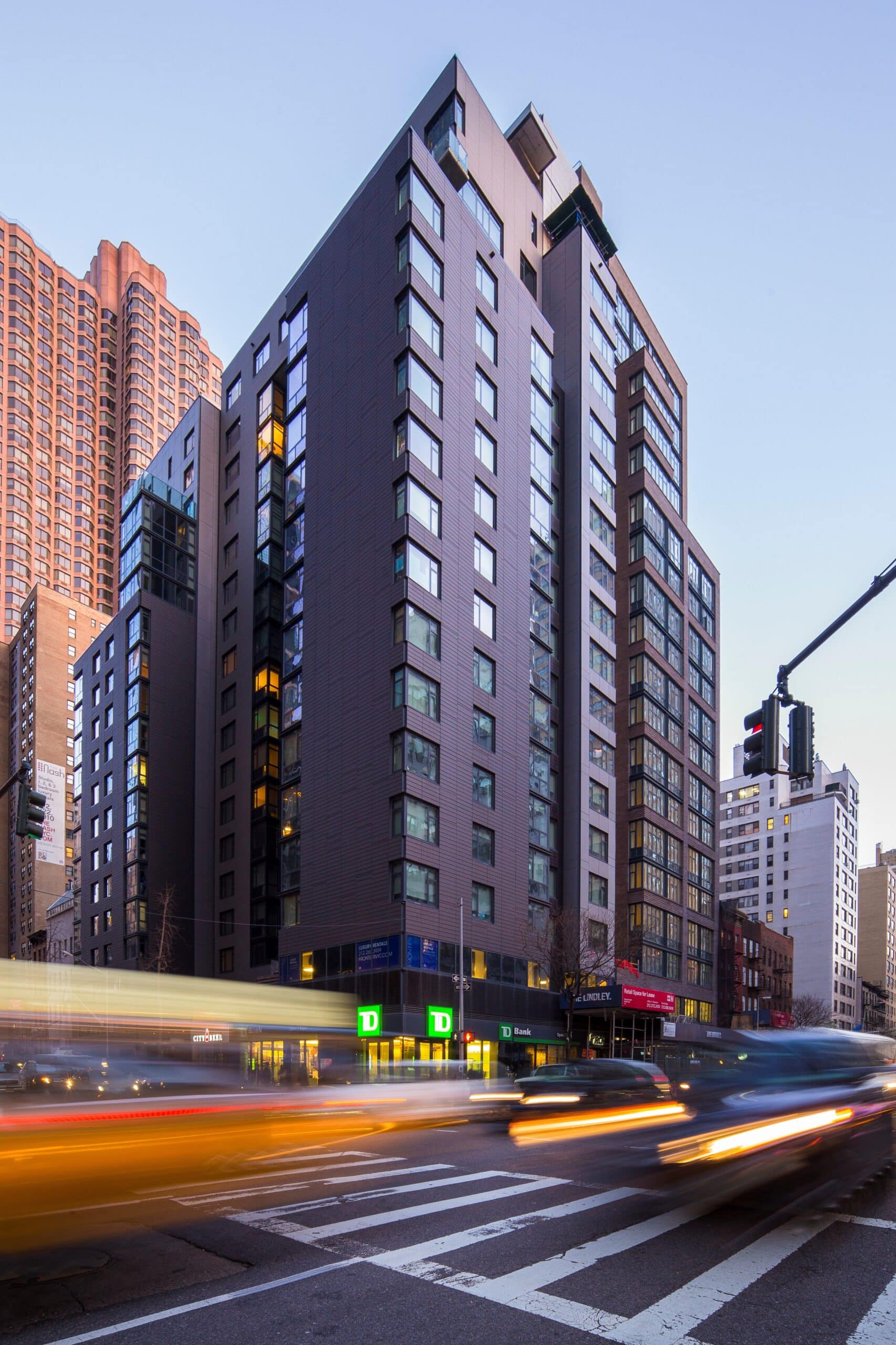 street level view of modern apartment building