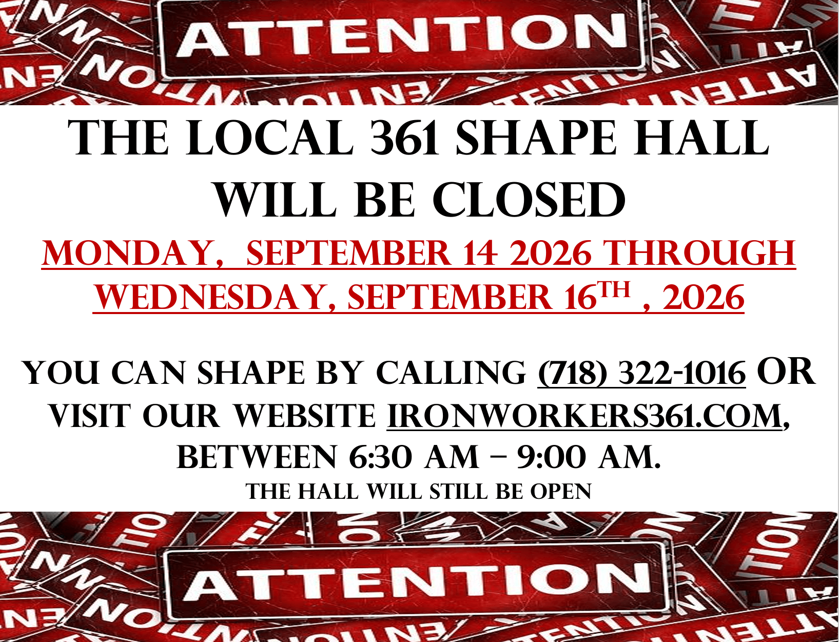 SHAPE HALL CLOSED – MONDAY, SEPT. 14 – WEDNESDAY, SEPT. 16, 2026