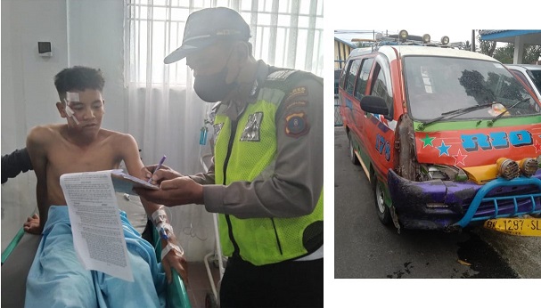 Polisi saat melihat kondisi Gunawan Dgabriel Lingga yang opname dan barang bukti mopen PT Rio Mitra Trans BK 1287 SL yang sudah diamankan