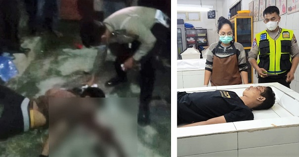 Jenajah Andra Gultom saat masih di TKP dan Jenajah M. Aril Harahap di ruangan jenajah RSUD dr Djasamen Saragih