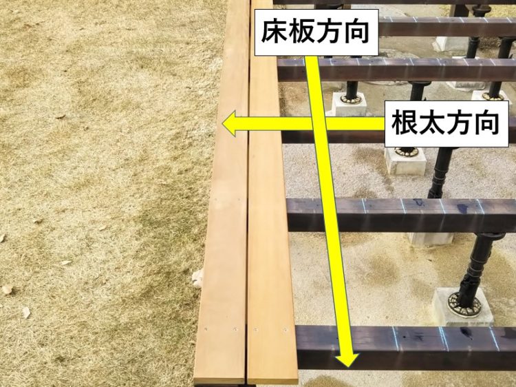 根太と床板が直角に交わる