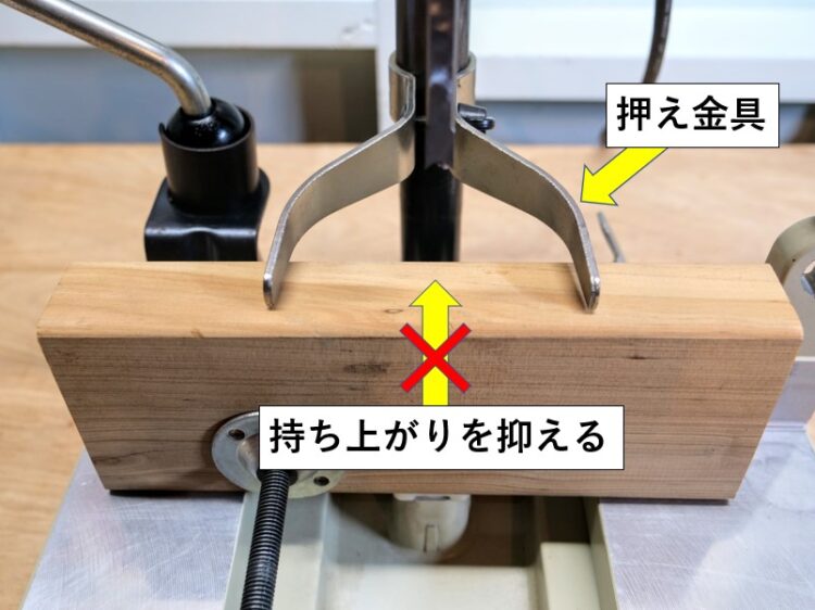 押え金具で材料の持ち上がりを抑える