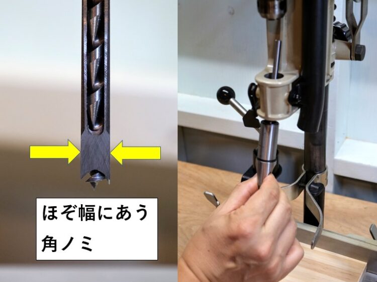 ほぞ幅に合う角ノミを装着する
