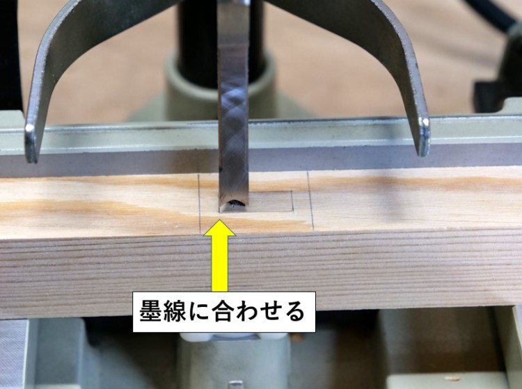 テーブルを左右に移動し角ノミを墨際に合わせる