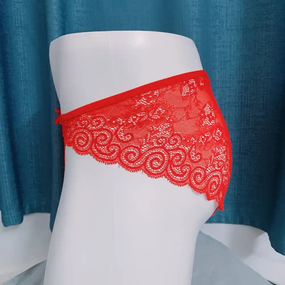 solid pattern red lace thong