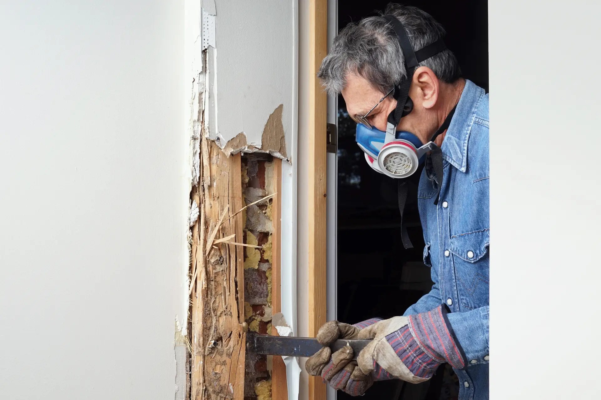 Builder inspecting termite-infested timber wall during home renovationa