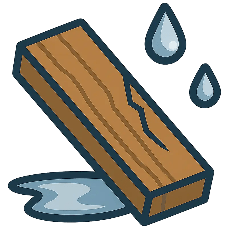 Wet, cracked timber symbolising moisture damage and warping
