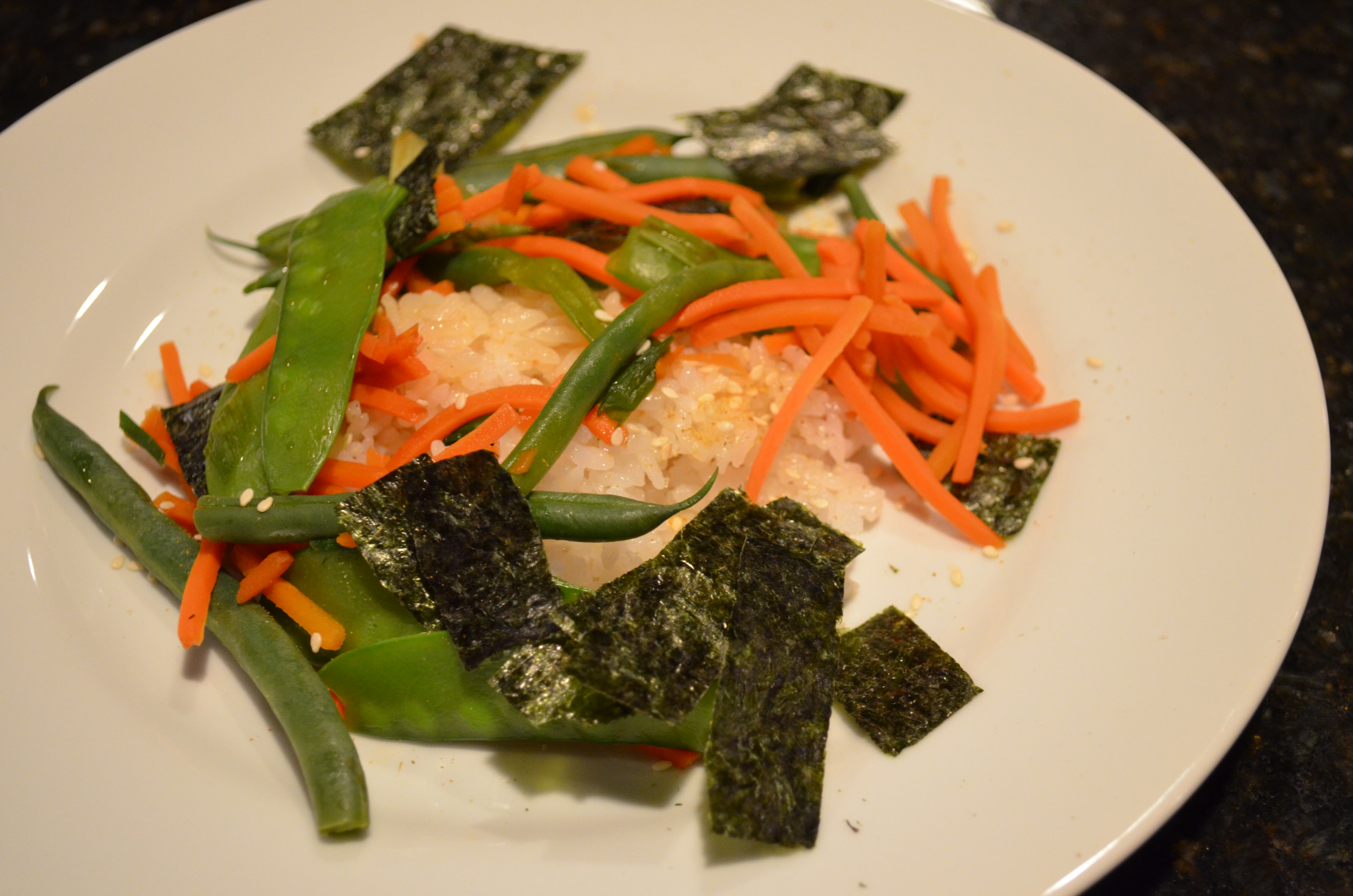 Japanese Style Vegetables On Sushi Rice. Ha Ha Tonka On The Stereo. I