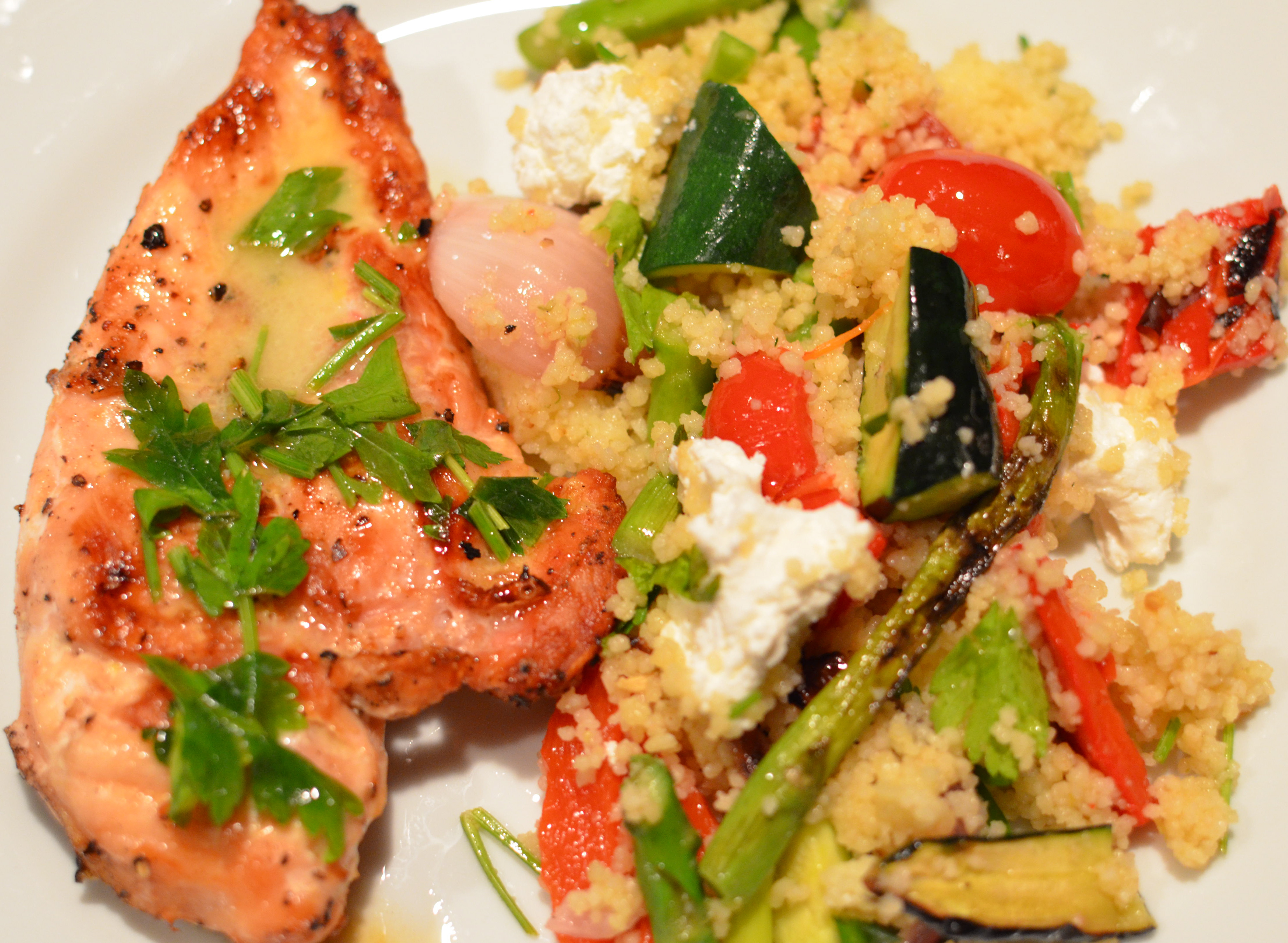 Grilled Veg And Goat Cheese Couscous With LemonButter Chicken. Fun