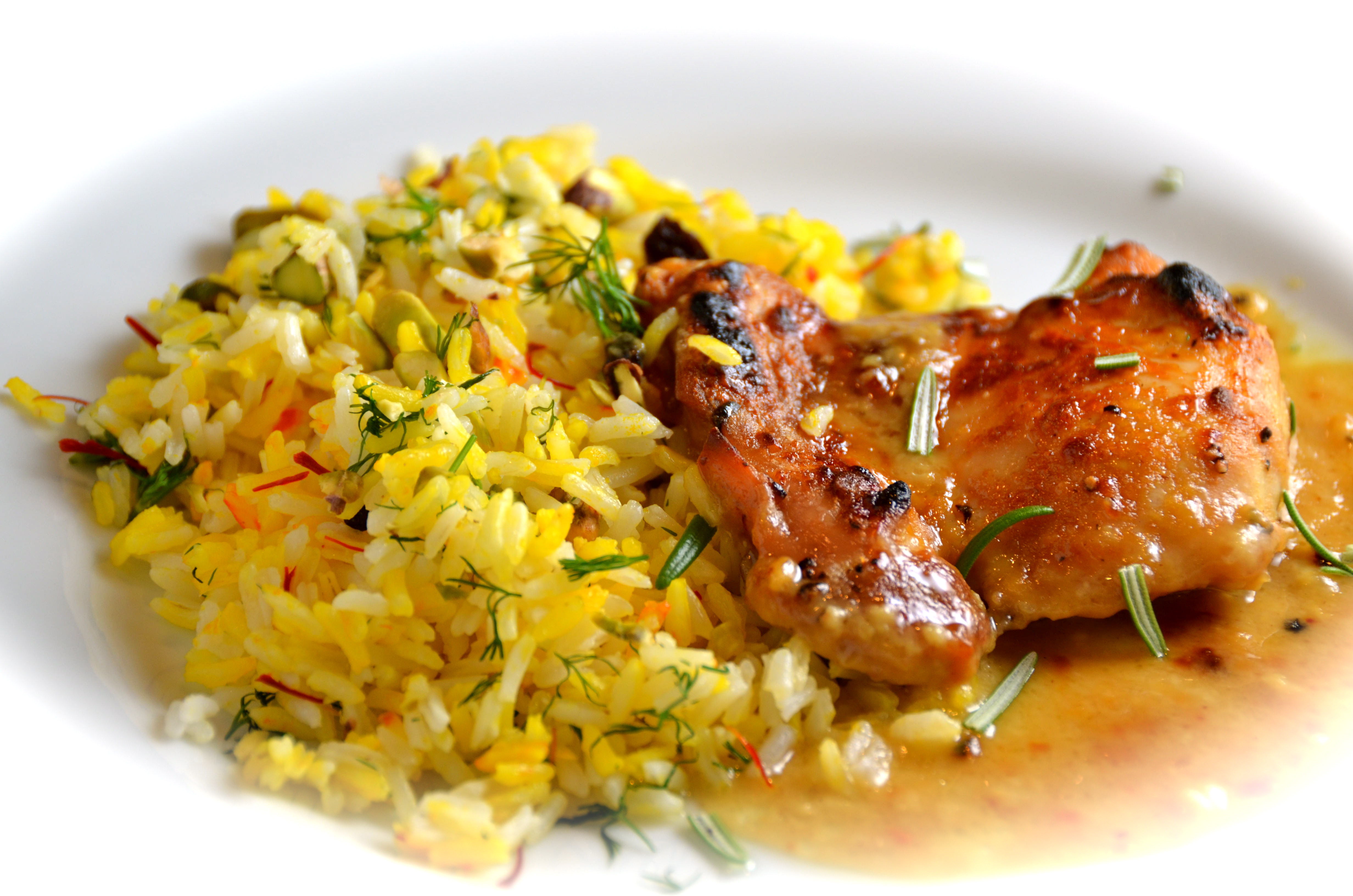 MapleDijon Glazed ‘ManPleasing’ Chicken With Saffron, Pistachio and