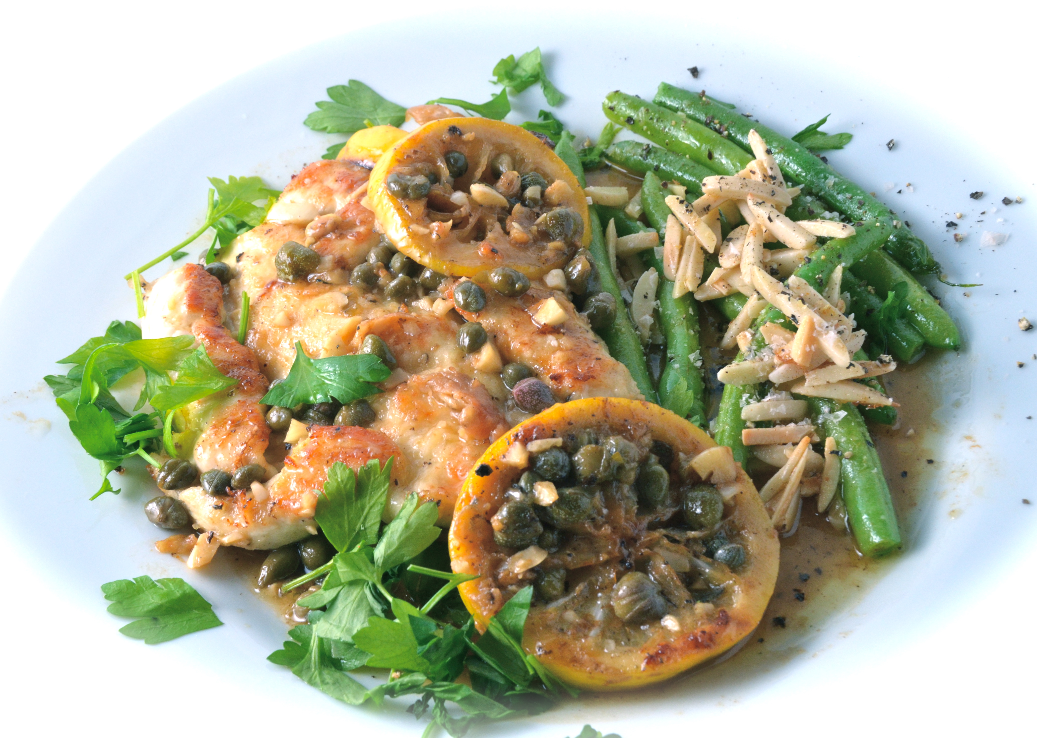 Chicken Piccata. Green Beans With Almonds, Oregano and Lemon. I Sing