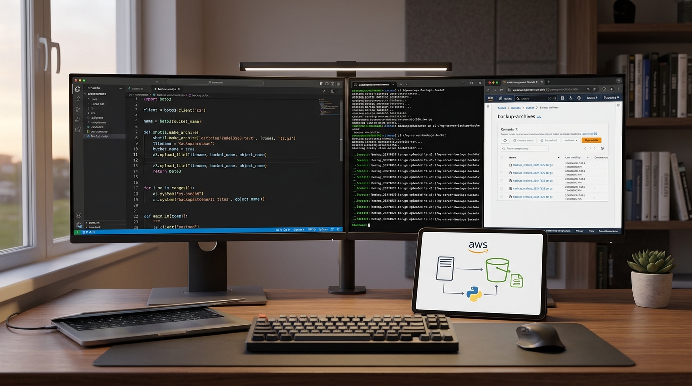 Automated server backups to AWS S3 using Python script on a developer screen