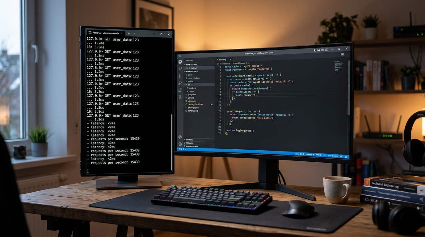 A developer workspace showing a terminal running Redis CLI and a code editor with Node.js caching middleware.