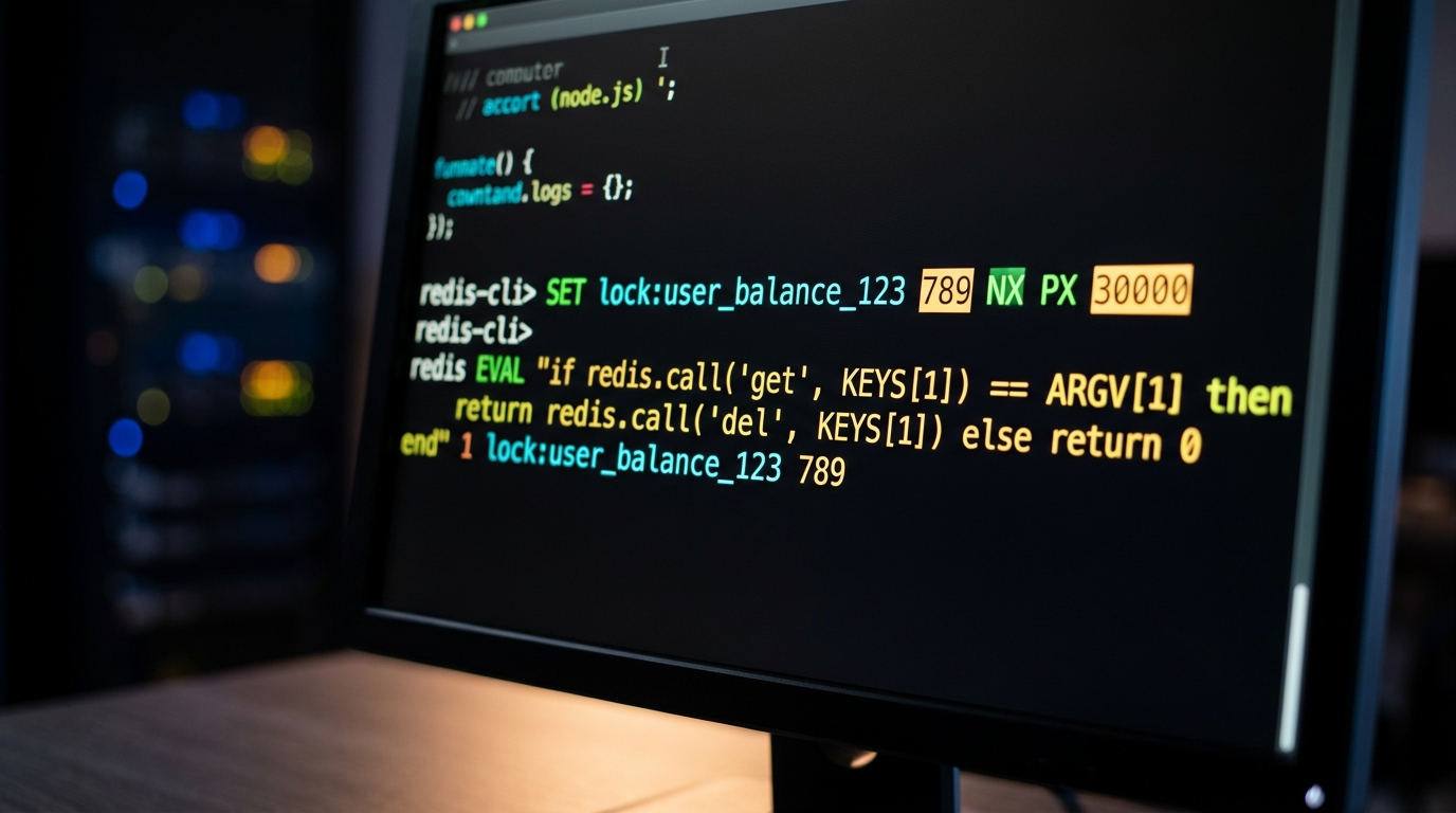 Redis terminal screen showing distributed lock commands and Lua scripts