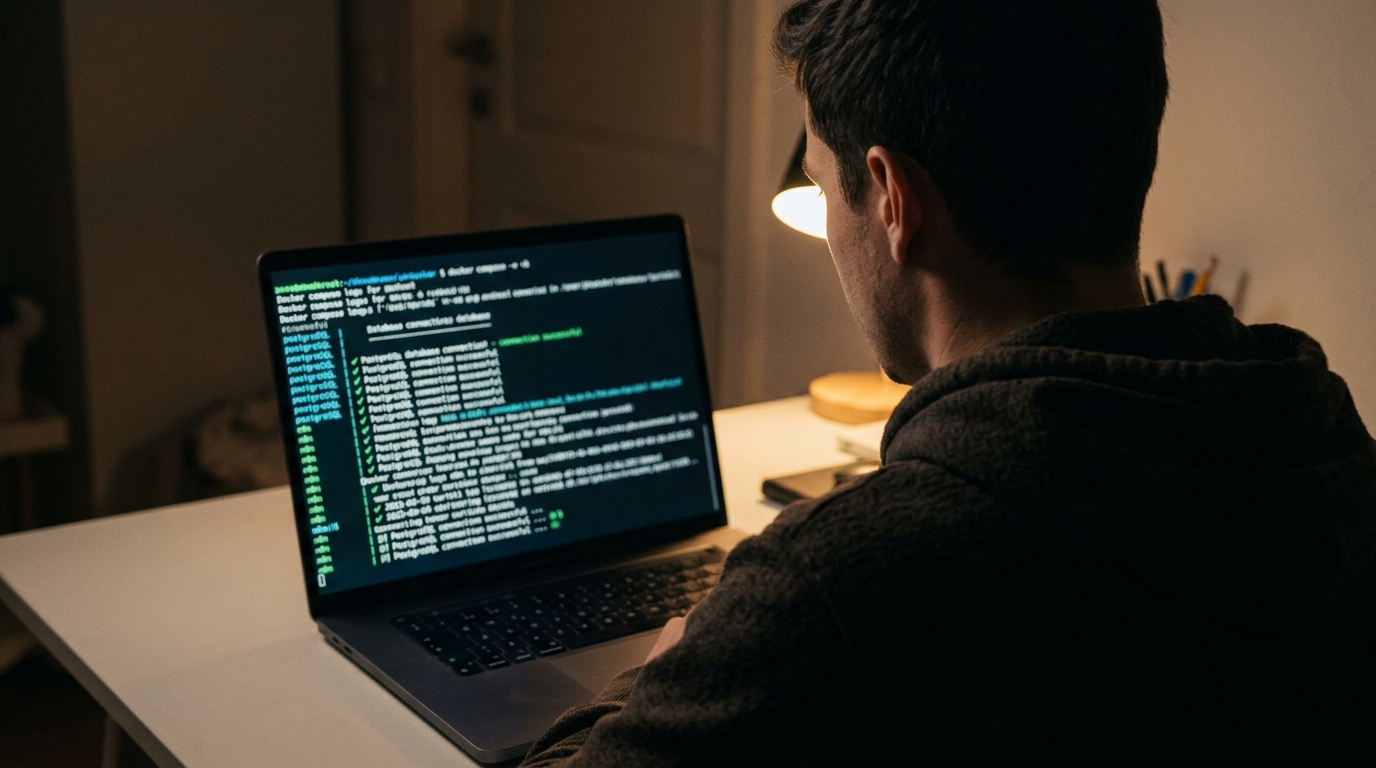 Docker Compose terminal logs showing n8n successfully connected to PostgreSQL database