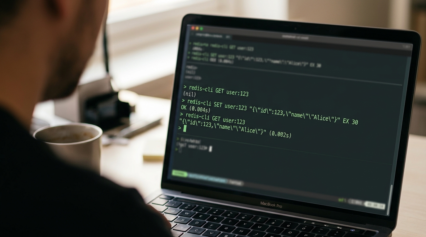 Redis terminal window showing fast response times and cached keys