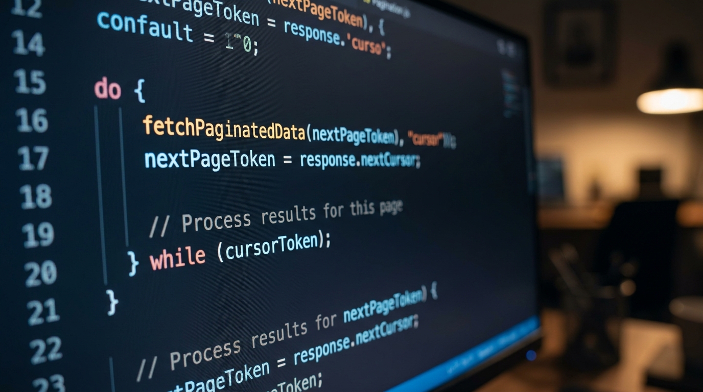 Close-up of Google Apps Script code handling cursor pagination in a dark-themed editor