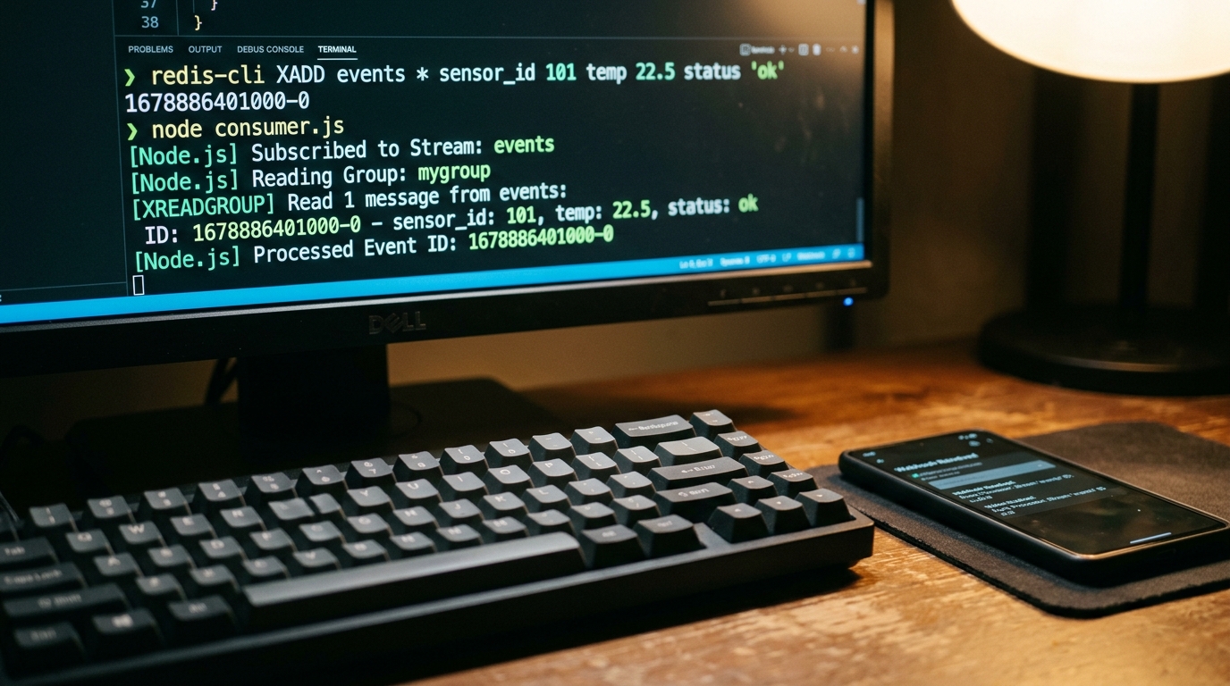 Terminal console showing Redis Streams commands and Node.js event processor logs