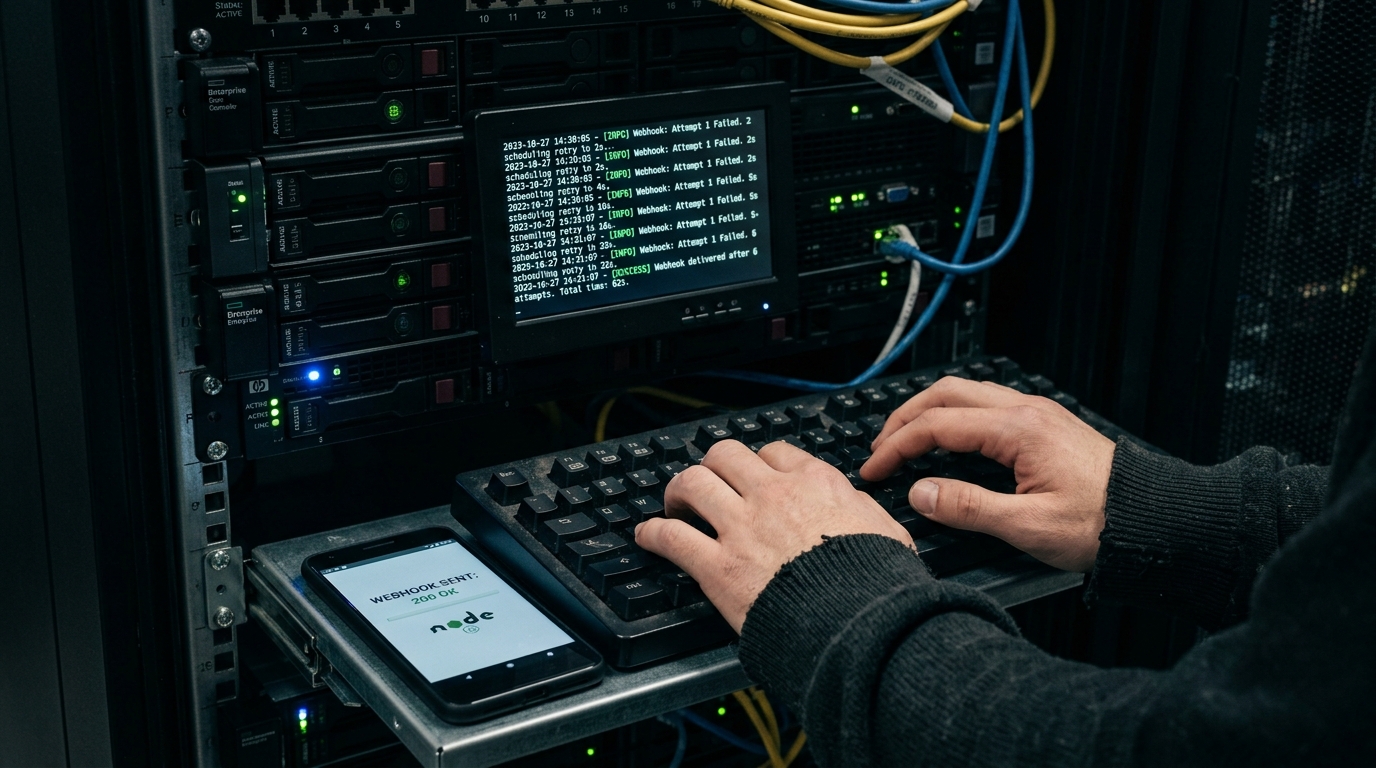 Server rack console showing terminal logs of an exponential backoff webhook retry system
