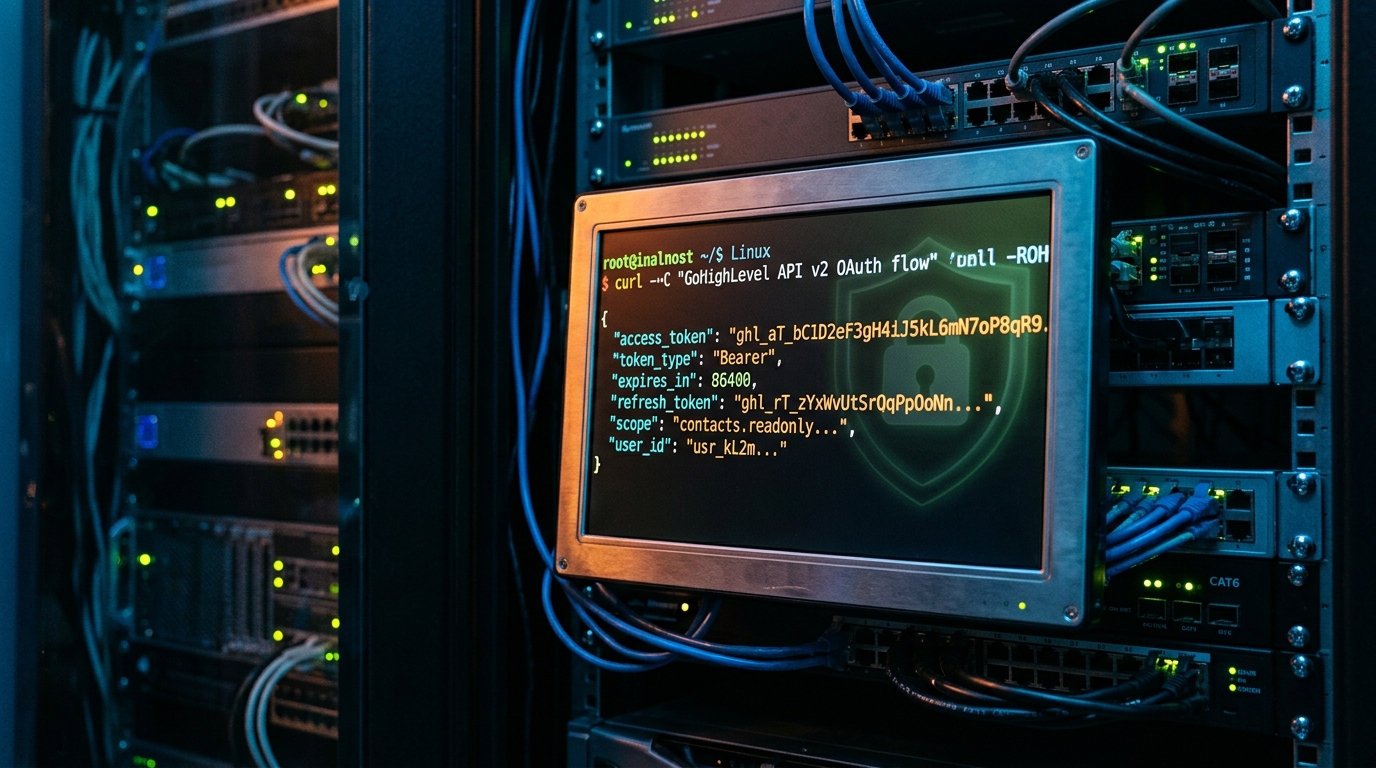 GoHighLevel API v2 OAuth token refresh terminal output on a server screen with a secure green lock graphic