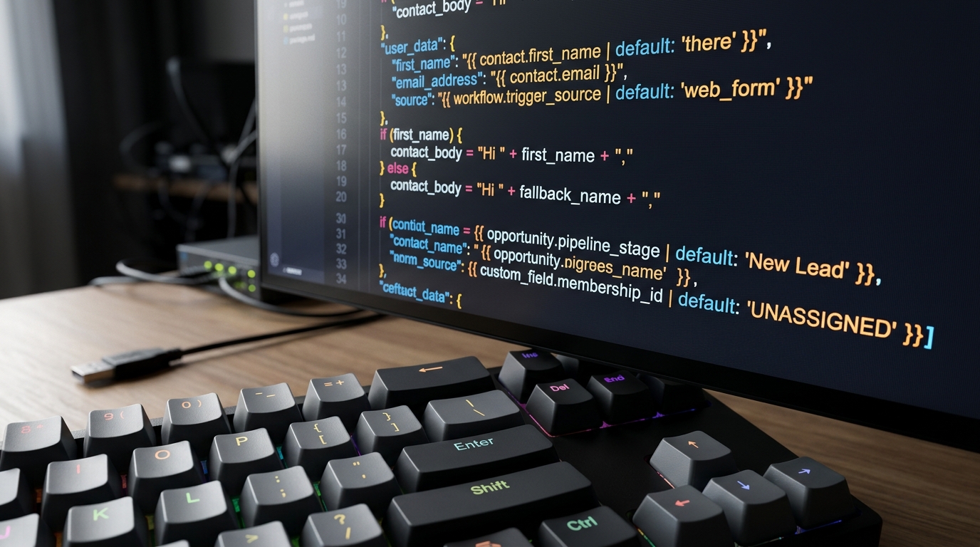 Code editor displaying GoHighLevel Liquid merge fields and fallback syntax