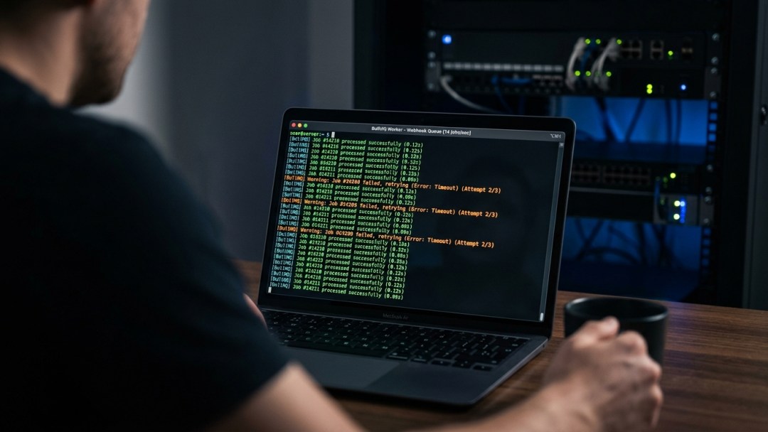 Terminal window showing a BullMQ worker processing buffered webhook jobs with green and orange log outputs