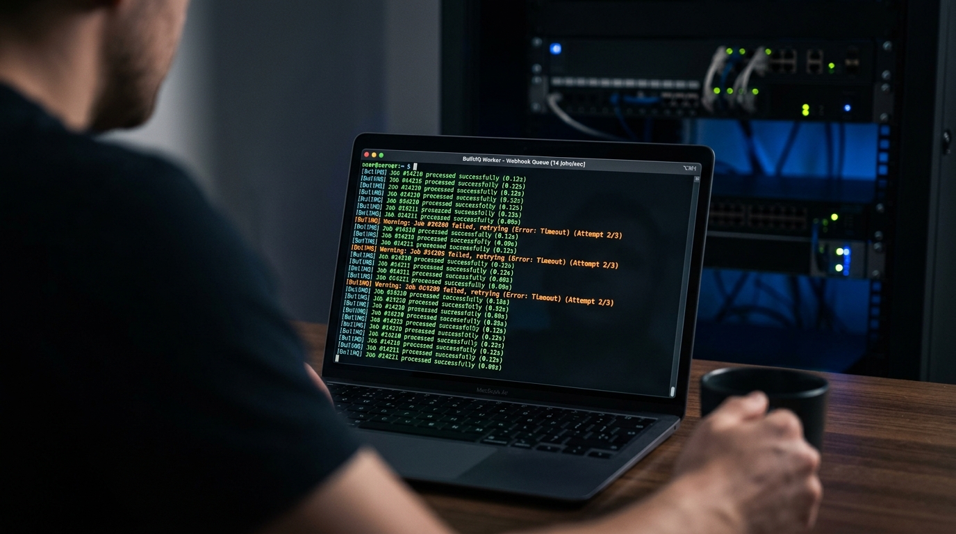 Terminal window showing a BullMQ worker processing buffered webhook jobs with green and orange log outputs