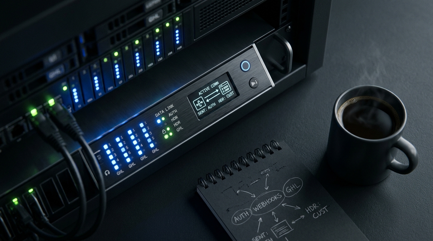 Server hardware terminal showing authenticated webhook processing