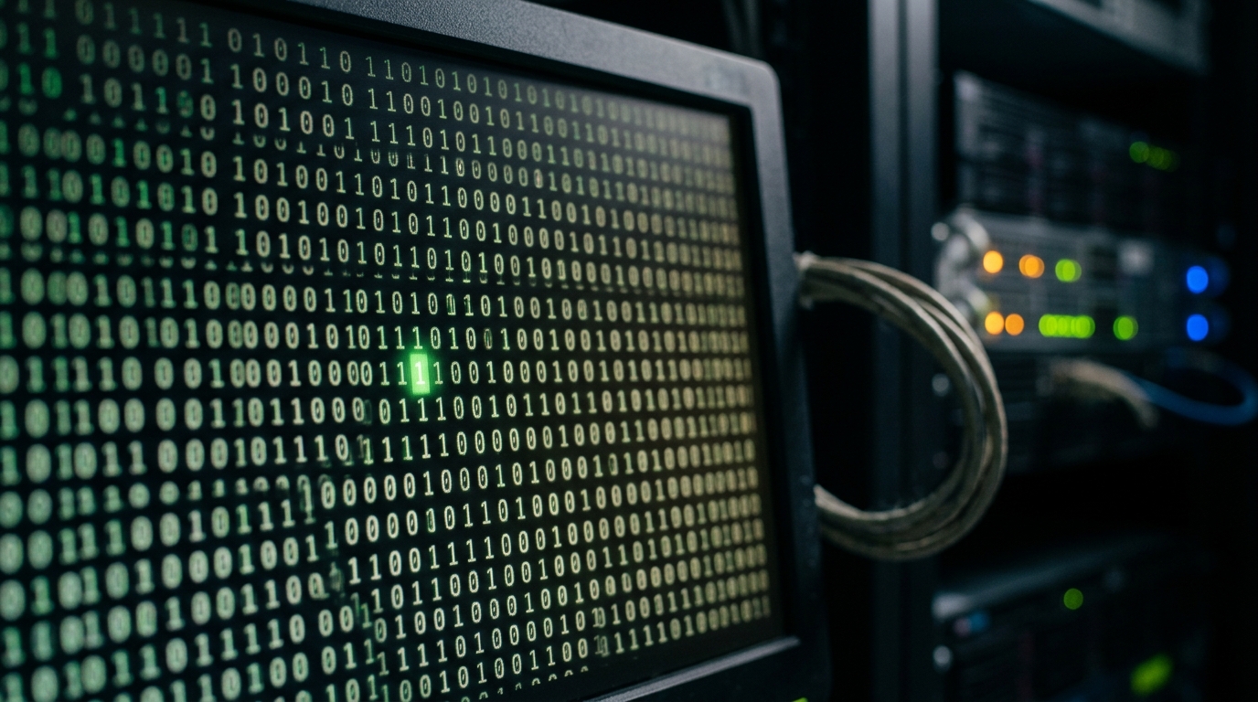 Close-up of a terminal interface showing a binary bitmap grid used for tracking daily active users.