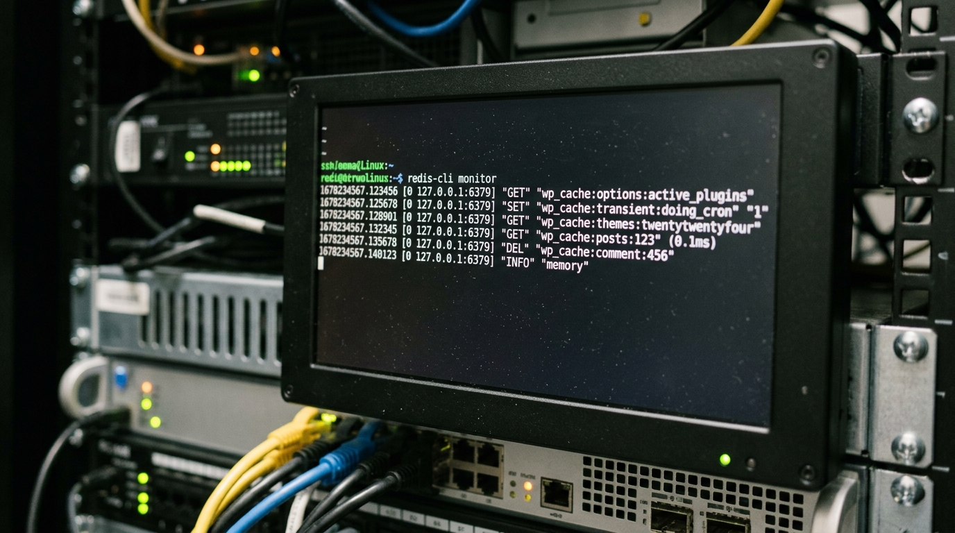 Terminal showing Redis monitor queries and object cache connection for WordPress