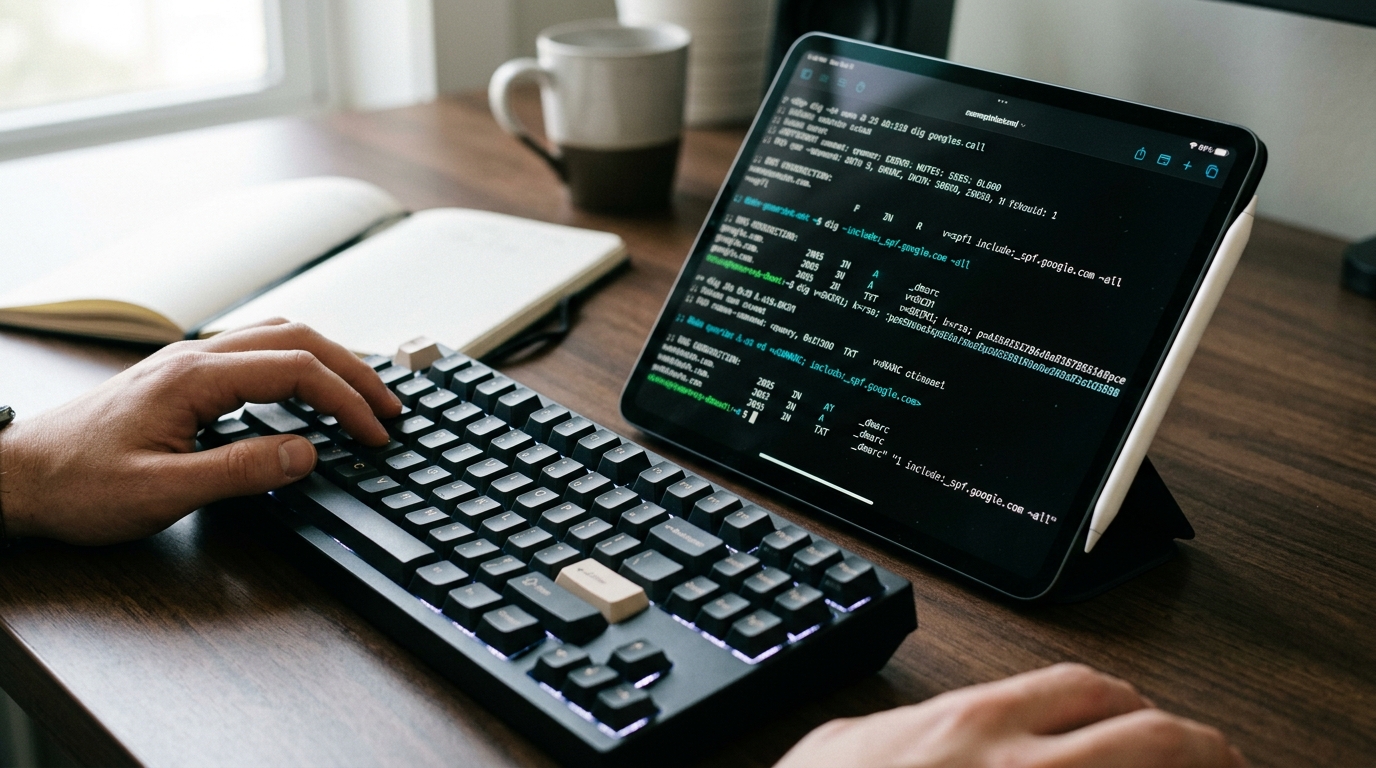 Terminal screen showing SPF, DKIM, and DMARC DNS lookup commands and authentication output.