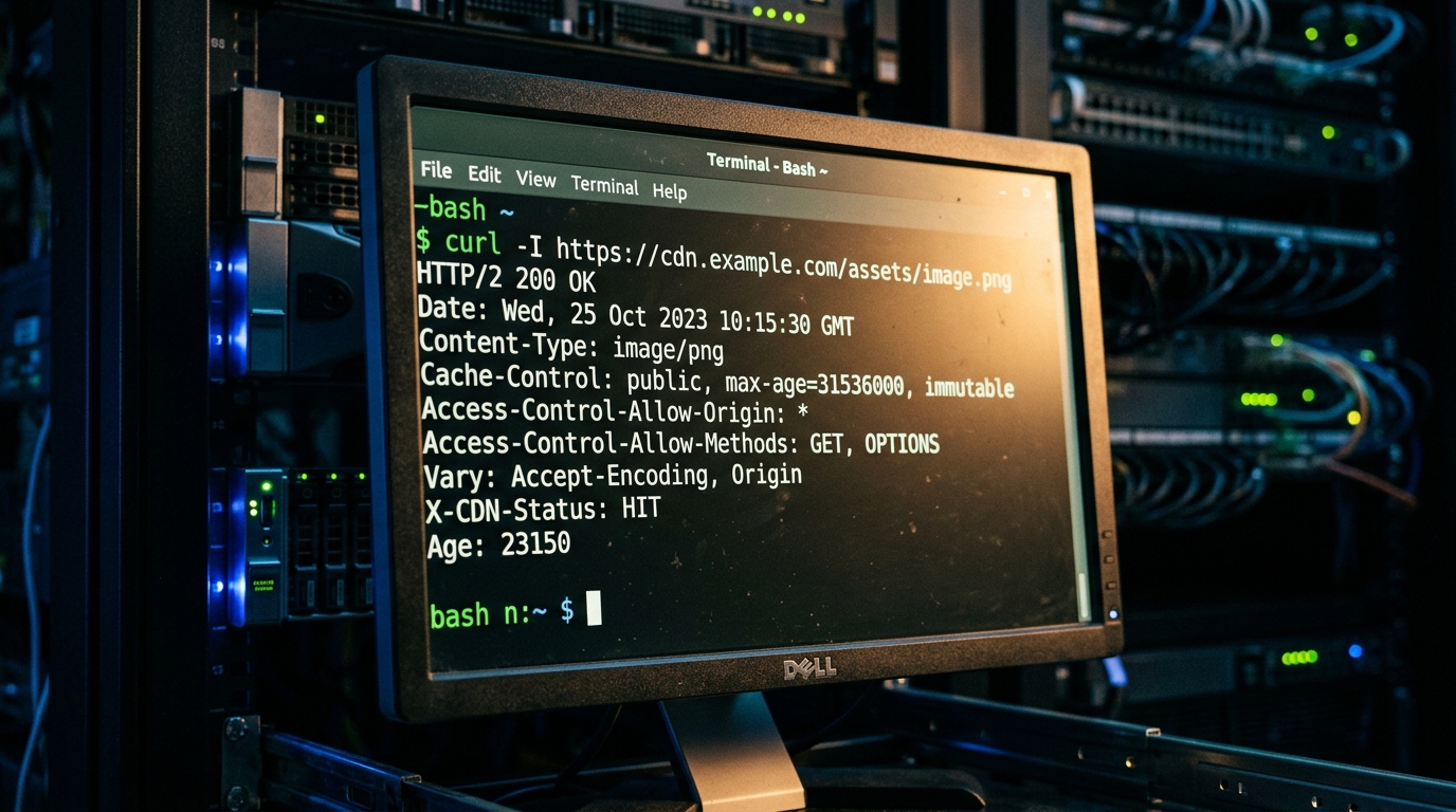 Terminal window showing cURL HTTP response headers with CORS and Cache-Control status