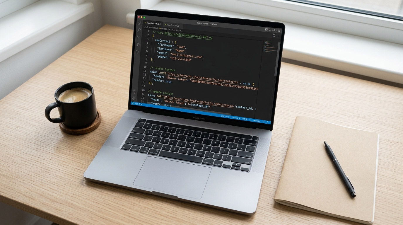 Code editor showing GoHighLevel API v2 contact creation and update script