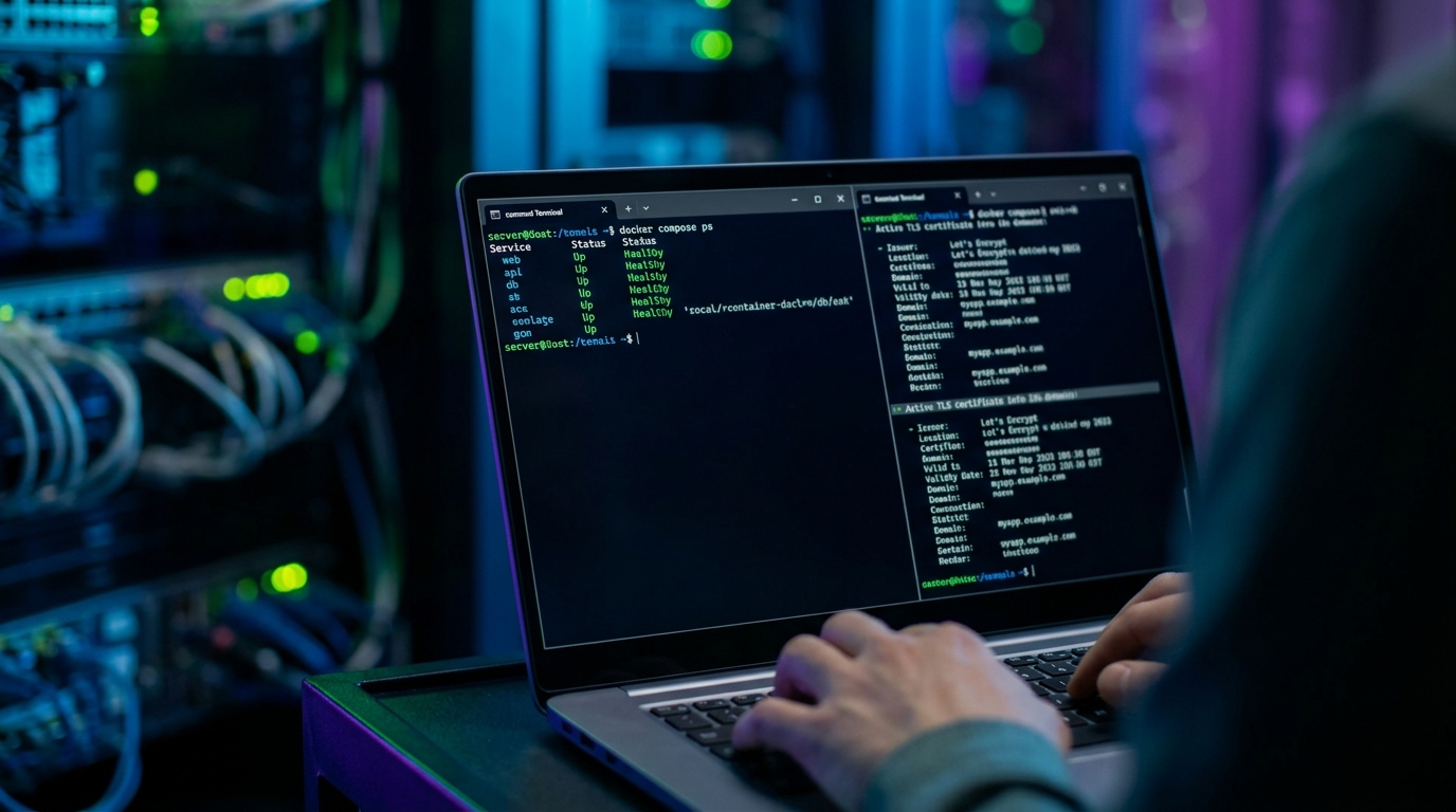 Docker compose container status and TLS certificate output on terminal screen
