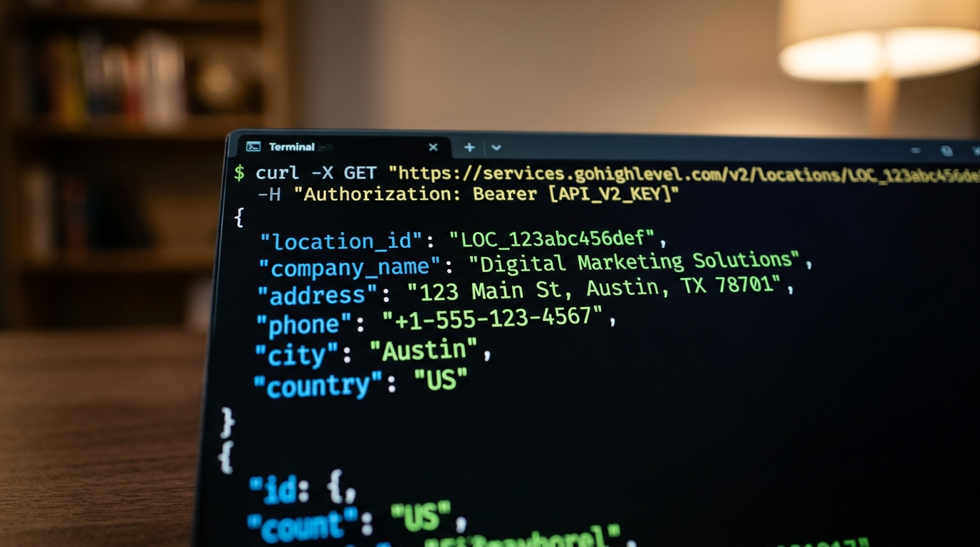 Terminal screen showing JSON response with Location ID and sub-account data from GoHighLevel API v2