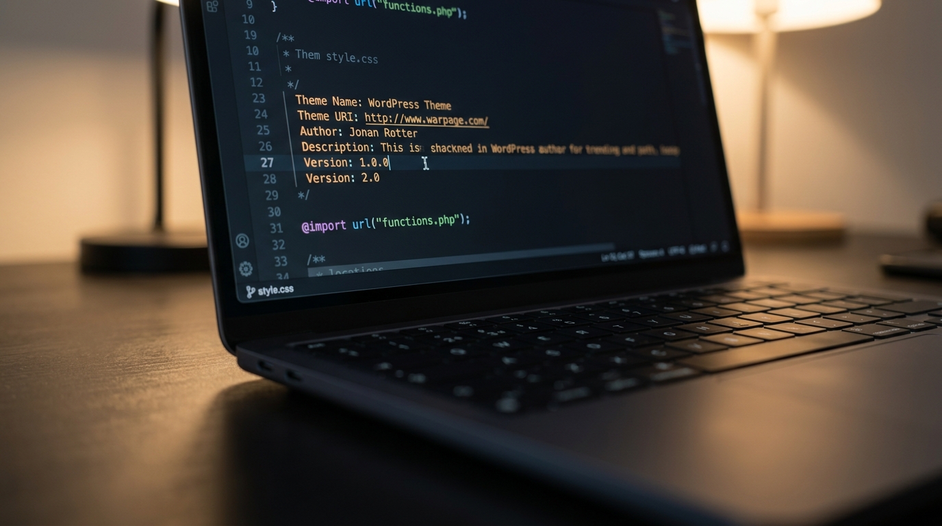Code editor showing a clean WordPress style.css stylesheet header to fix missing theme errors