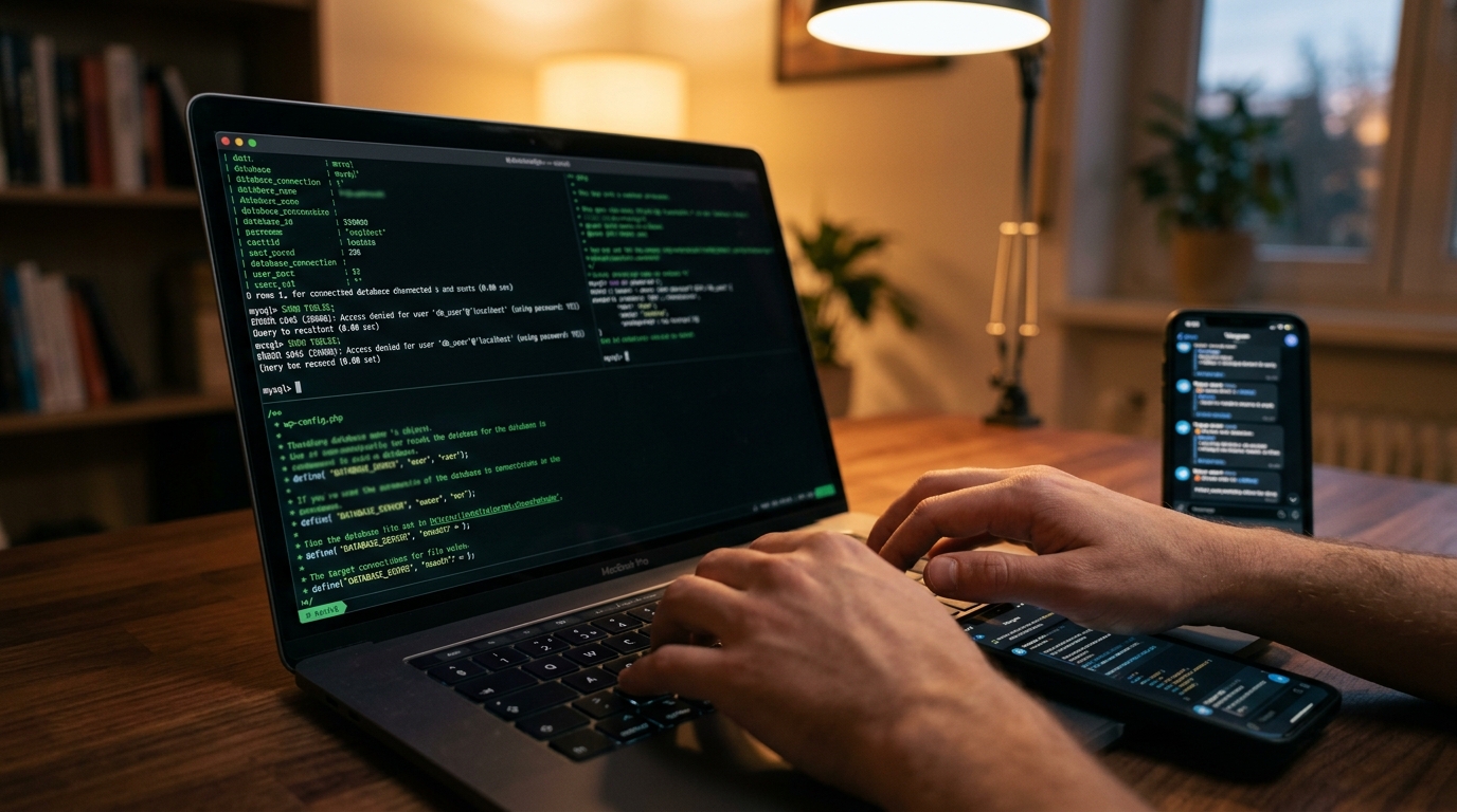 Terminal screen showing MySQL database connection verification and wp-config setup for WordPress on Hostinger