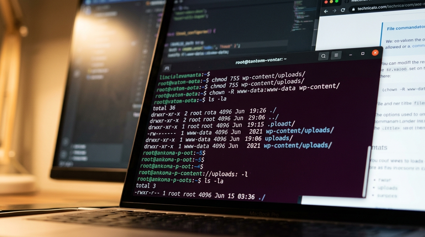 Terminal screen showing Linux chmod and chown commands to fix WordPress file permissions on Hostinger