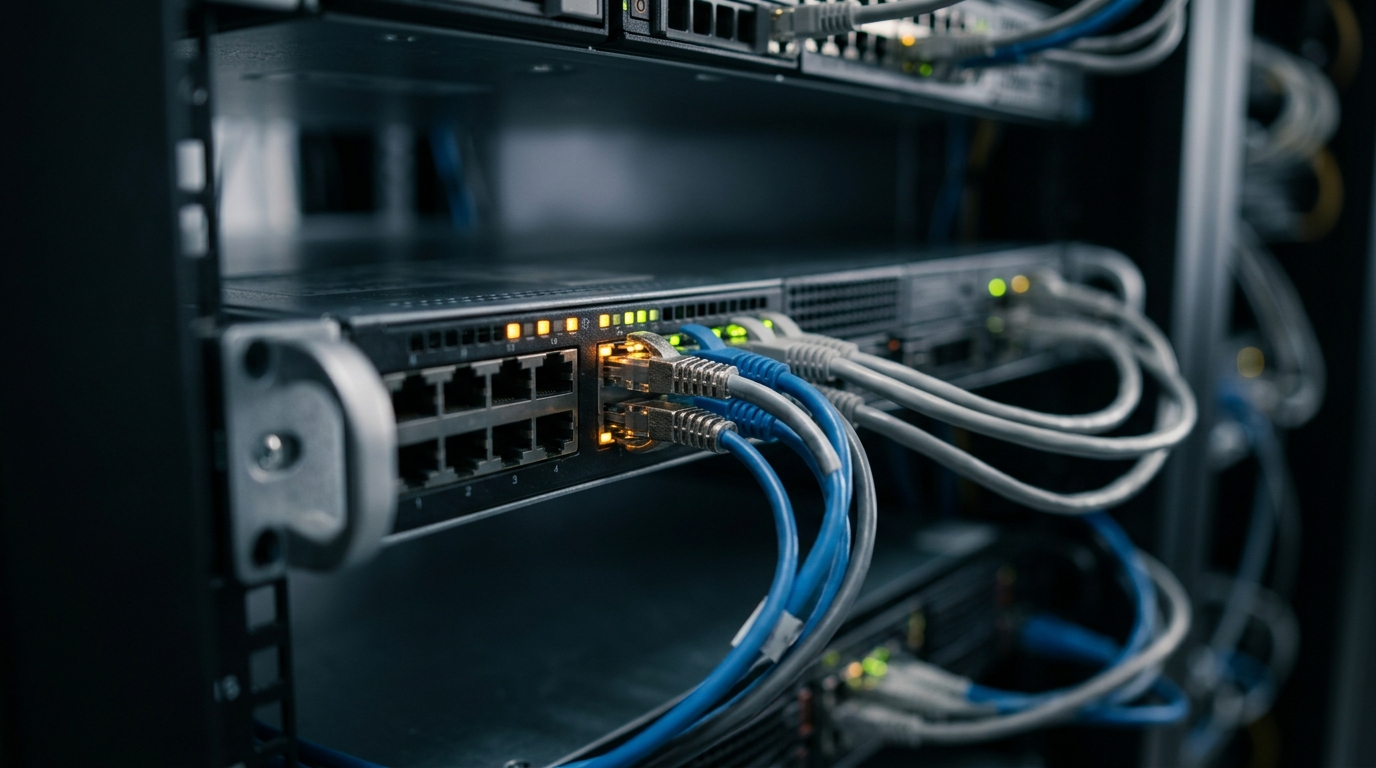 Server rack status lights indicating network and gateway timeout troubleshooting