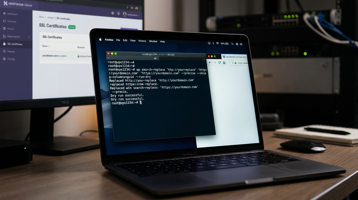 Terminal showing WP-CLI search replace command for fixing WordPress mixed content SSL warnings on Hostinger